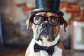 Dapper Bulldog Dressed in a Black Bow Tie and Hat Poses Against White Background