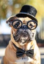 Dapper Bulldog Dressed in a Black Bow Tie and Hat Poses Against White Background