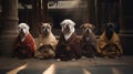 bulldogs Buddhist monks sitting meditating in the temple courtyard, banner, poster