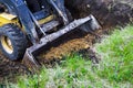 Bulldozer bucket with brown soil at earth works with green grass on foreground