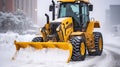 The bulldozer cleans snow on the road, with snowstorm in the background, Generative AI