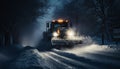 A bulldozer clears snow, working through the night in winter generated by AI