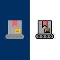 Bulldozer, Construction, Crane Icons. Flat and Line Filled Icon Set Vector Blue Background