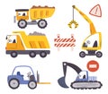 Bulldozer, Crane, Excavator, Forklift And Dump Truck Construction Vehicles, Dig, Lift, And Move Materials, Machines Set