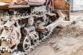 Bulldozer crawler machine close-up. Powerful bulldozer tracks. Construction machinery for land leveling. Construction heavy Royalty Free Stock Photo