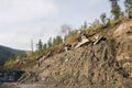 Bulldozer, earthworks in highlands, landscape, autumn.