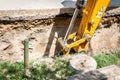 Bulldozer excavator machinery excavate and prepare to loading ground to tipper truck on the street reconstruction site of district