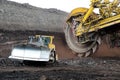 Bulldozer and huge mining excavator wheel in brown coal mine Royalty Free Stock Photo