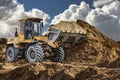 Bulldozer or loader at a construction site in a quarry transporting sand. Powerful wheel loader or bulldozer with a large bucket Royalty Free Stock Photo