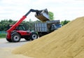 A bulldozer loads grain into a truck with a large bucket.