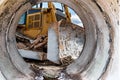 Bulldozer machine is leveling construction site. Earthmover with caterpillar is moving earth. Close-up. Construction heavy Royalty Free Stock Photo