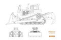 Bulldozer in outline style. Front, side and back view of digger. Industrial isolated drawing of dozer