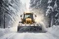 Bulldozer pushing snow off roads and clearing pathways during a winter snowstorm. Generative AI