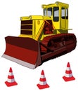 Bulldozer and road cones, vector illustration