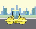 A bulldozer with roller and road works in the city, a flat vector stock illustration as a concept of construction work on laying