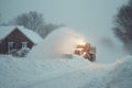 A bulldozer is shoveling snow in the city. Generative AI. Royalty Free Stock Photo