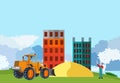 Bulldozer tractor on construct yard constructing houses and sands, countryside,