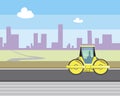 A bulldozer tractor paving asphalt in the city, a flat vector stock illustration as a concept of construction and road works with