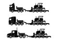 Et of silhouettes of a heavy bulldozer being transported by truck.