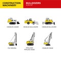 bulldozer vehicle and transport construction machinery icons set Royalty Free Stock Photo
