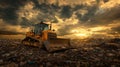 Bulldozer Working on a Landfill with a Dramatic Sunset Sky Royalty Free Stock Photo