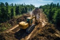 Bulldozers digging a dirt road in a forest. Global deforestation