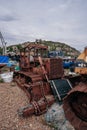 Bulldozers at Hastings fishing boats on the beach at Rock-a-Nore