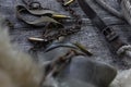 Bullet shells and rusy chain resting on wooden table