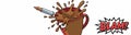 Bullet crashing into mug with coffee splash and blam comic text Royalty Free Stock Photo