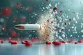 A bullet hitting into the ground surrounded by red and white confetti in a burst of celebration, A 3D model simulating the impact