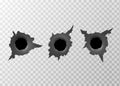 Bullet Hole. Torn surface from bullet. Ripped metal on transparent background. Vector illustration