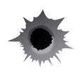 Bullet hole on white background. Realisic metal bullet hole, damage effect. Vector illustration