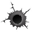 Bullet hole on white background. Realisic metal bullet hole, damage effect. Vector illustration.