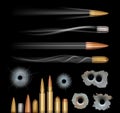 Bullet holes. Bullets realistic, cracked surface. Hunters elements and flight trail vector set Royalty Free Stock Photo