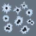 Bullet holes with white cracks and scratches, bullet marks on glass vector illustration on gray background Royalty Free Stock Photo