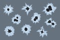 Bullet holes with white cracks and scratches, bullet marks on glass vector illustration on gray background Royalty Free Stock Photo