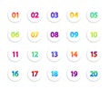 Bullet icons. Numbers in white circle. Round gradient points for infographic. List of creative buttons from 1 to 20. Set of modern