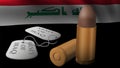 Bullet and military token in national flag of Iraq . 3D rendering