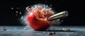 Bullet Penetrating Red Apple with Dust and Explosion Effect in Dark Background Royalty Free Stock Photo