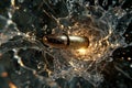 A bullet rapidly enters water, creating dramatic splashes and ripples against a dark Royalty Free Stock Photo