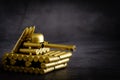 Bullet shell toy tank on a black background closeup view