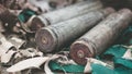 Bullet shells from heavy machine gun on the table with camouflage netting Royalty Free Stock Photo