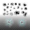 Bullet shot holes glass cracks, vector bullets marks on vector transparent background Royalty Free Stock Photo