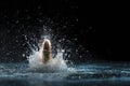 A bullet splashes into water, creating a dramatic spray. The scene is dark, emphasizing the motion and impact of the bullet. Royalty Free Stock Photo