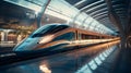 A bullet train, with futuristic station architecture as the background, during a high-speed departure Royalty Free Stock Photo