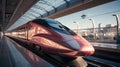A bullet train, with futuristic station architecture as the background, during a high-speed departure Royalty Free Stock Photo