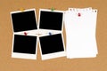 Photo album, several polaroid frames pinned to cork notice board with untidy torn notepaper, copy space Royalty Free Stock Photo