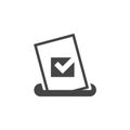 Bulletin with check mark placed in box. Voting document glyph icon. Marketing survey, anonymous choice concept label