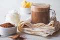 BULLETPROOF CACAO. Ketogenic keto diet hot drink. Cacao blended with coconut oil and butter. Cup of bulletproof cacao Royalty Free Stock Photo