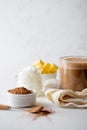 BULLETPROOF CACAO. Ketogenic keto diet hot drink. Cacao blended with coconut oil and butter. Cup of bulletproof cacao Royalty Free Stock Photo